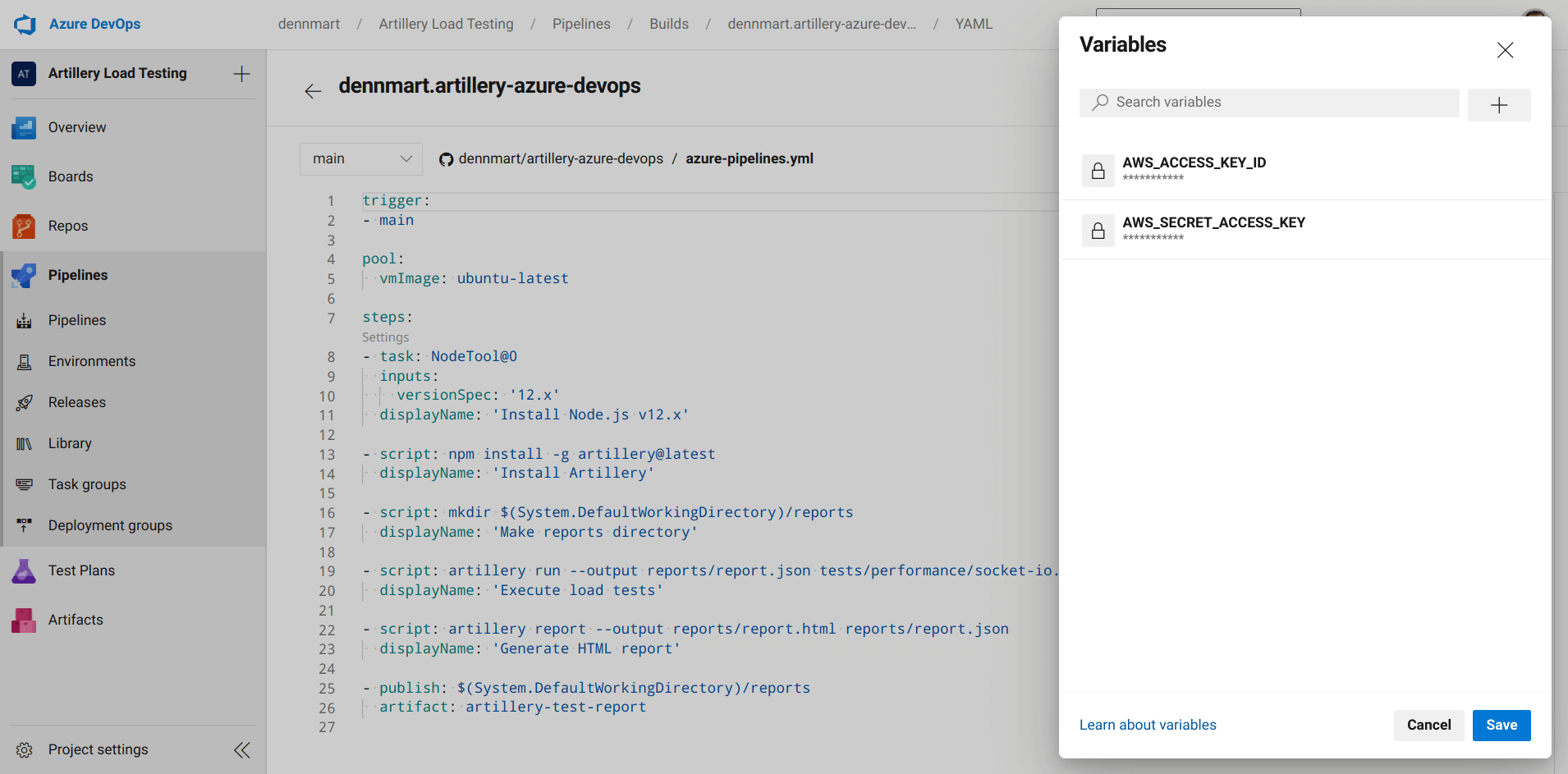Azure Pipelines - Setting up Artillery Pro secrets