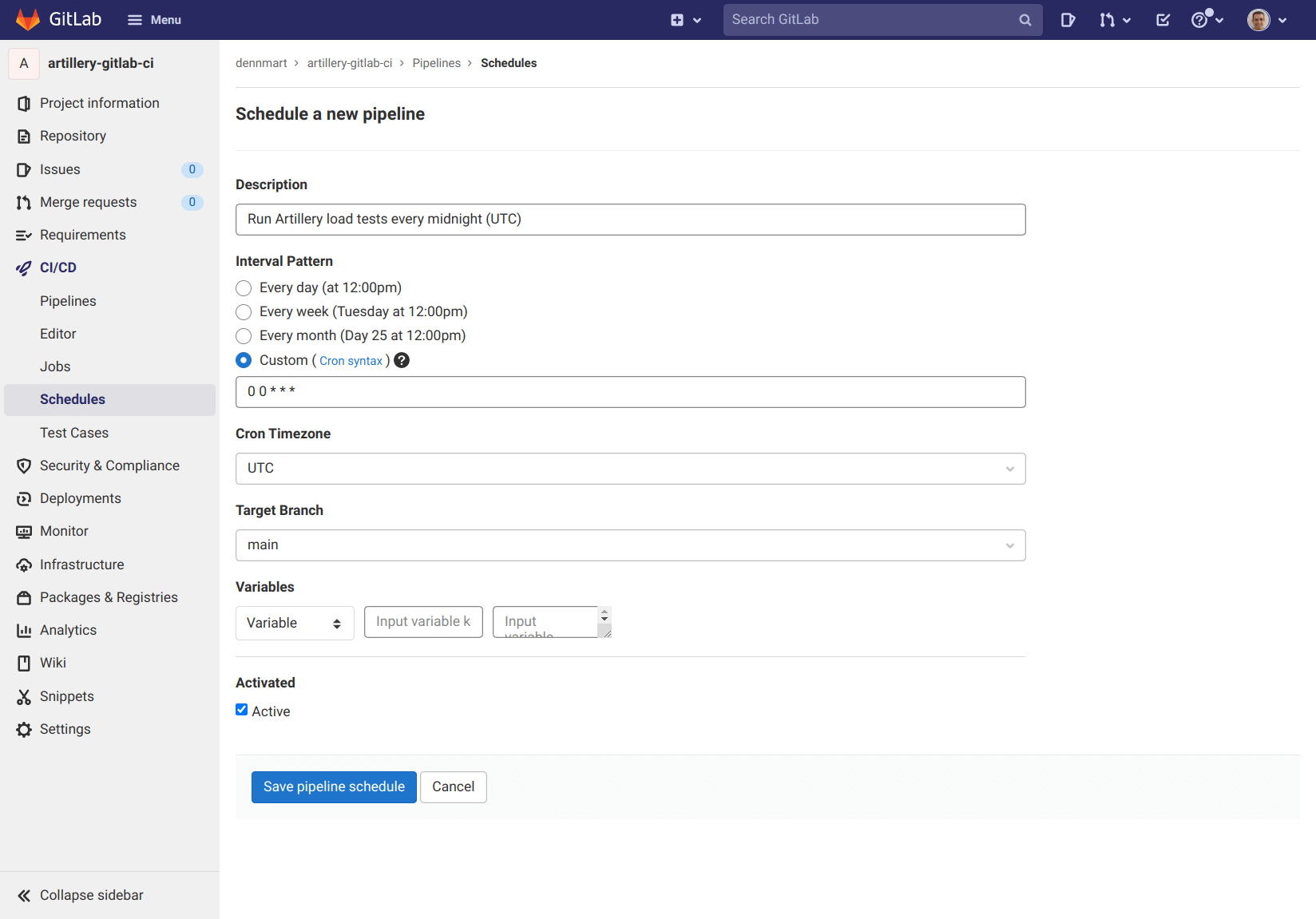 Setting up a new schedule on GitLab CI/CD